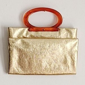 Vintage 1970s Gold Vinyl Purse with Acrylic Handle
